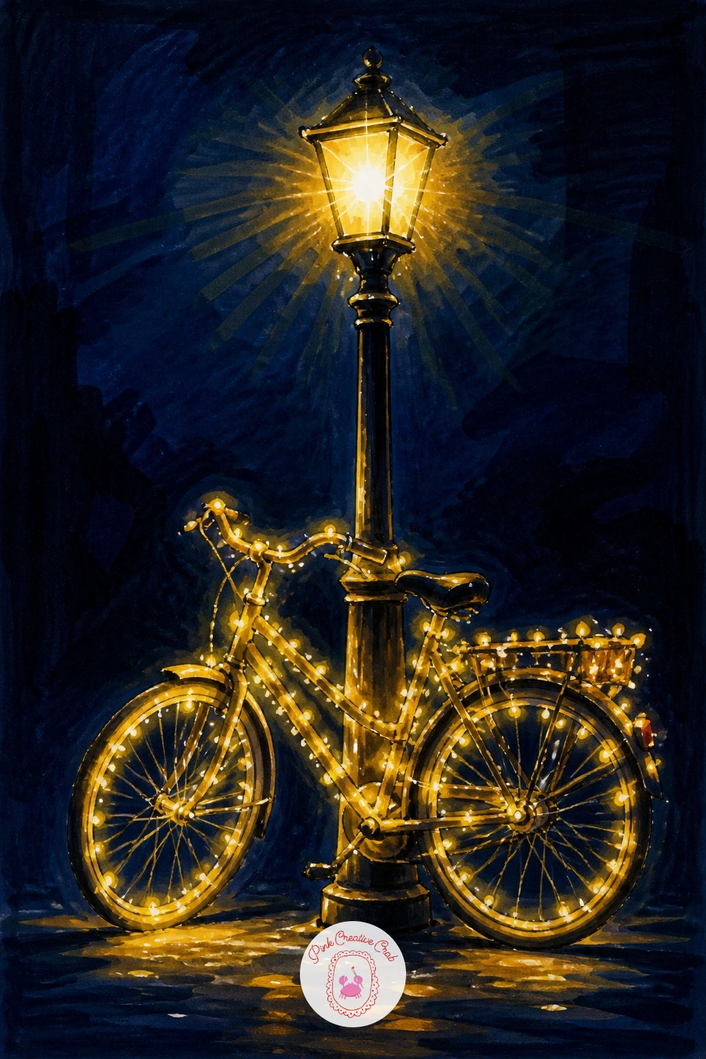 Bicycle Wrapped in Lights by a Lamppost — Narrow back in on a small object after that wide street: a bicycle wrapped in lights, leaning against a lamppost.