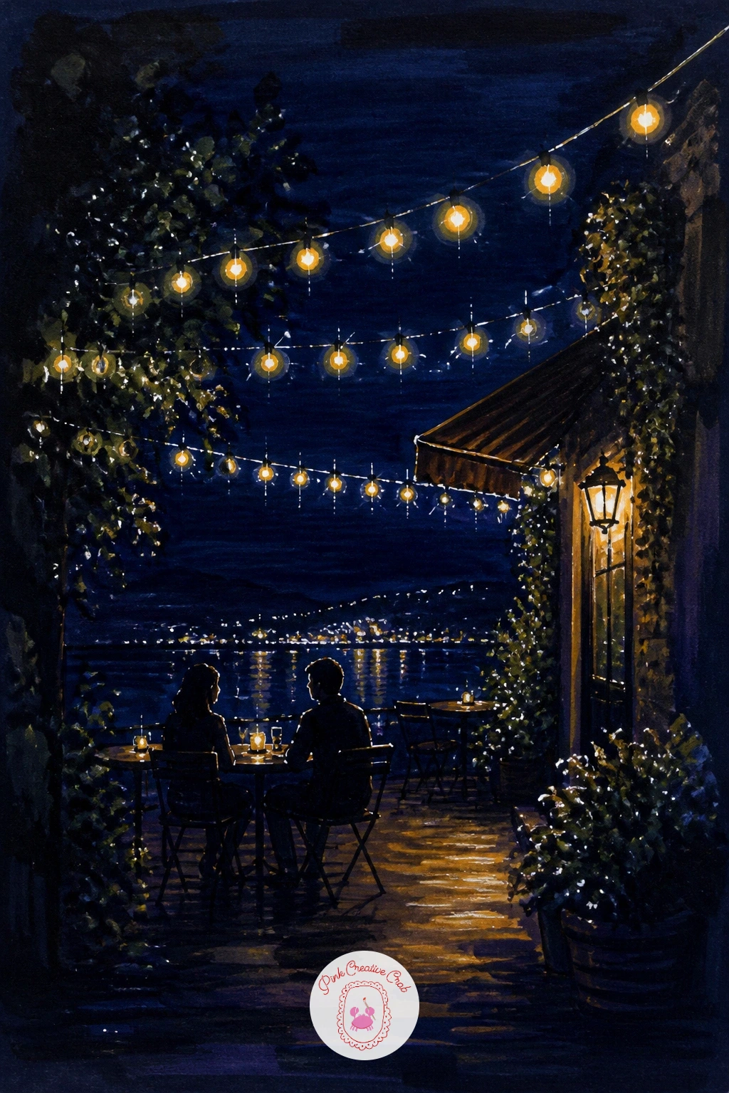 Café Terrace With Strung Bulbs — Add some life to the street with a café terrace, bulbs strung overhead and a couple of small tables below. Christmas lights