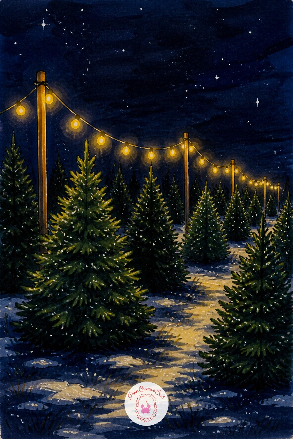 Tree Farm at Night — Open the scene up into a tree farm at night, rows of evergreens lit with hanging bulbs strung between posts. Christmas lights drawing