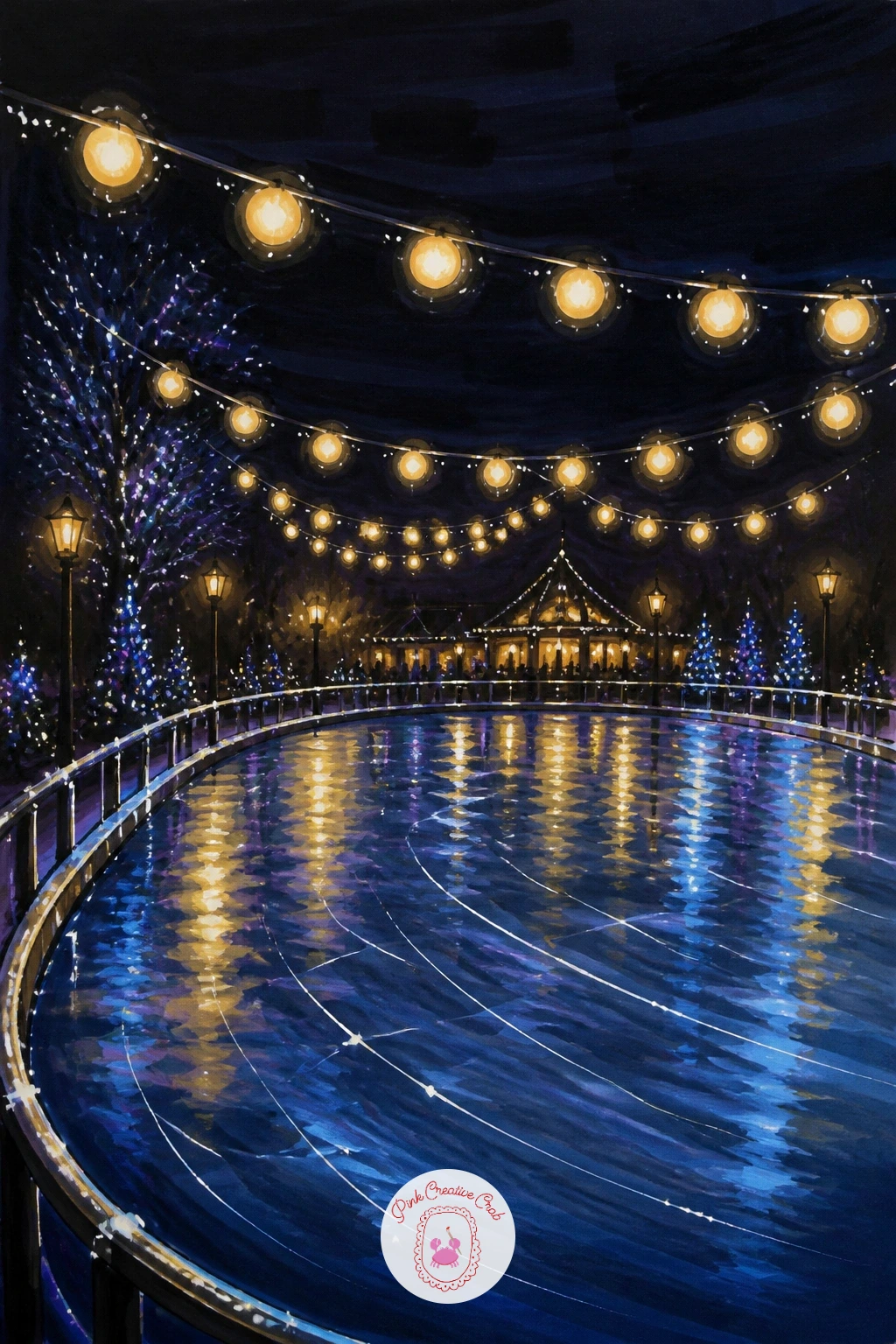 Ice Rink Lit by Globe Lights — Bring in some motion with an ice rink lit by globe lights strung in loops overhead. Christmas lights drawing