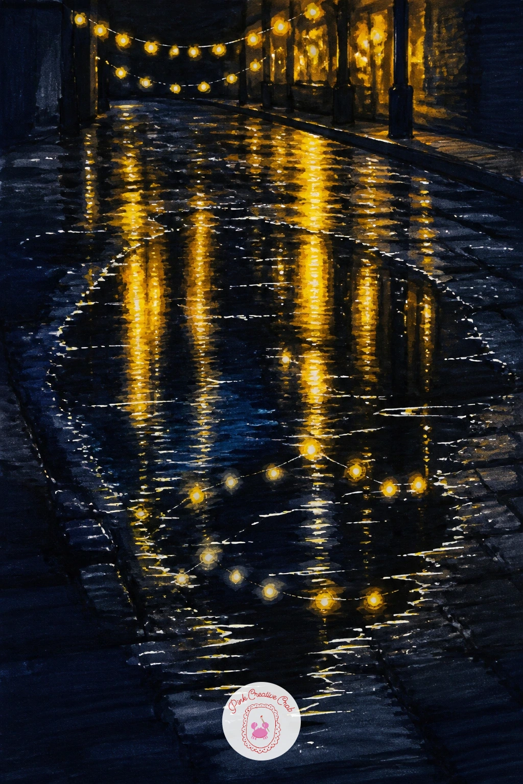 Fairy Lights Reflected in a Puddle — Slow back down for something quieter: fairy lights reflected in a puddle on a city street after rain. Christmas lights