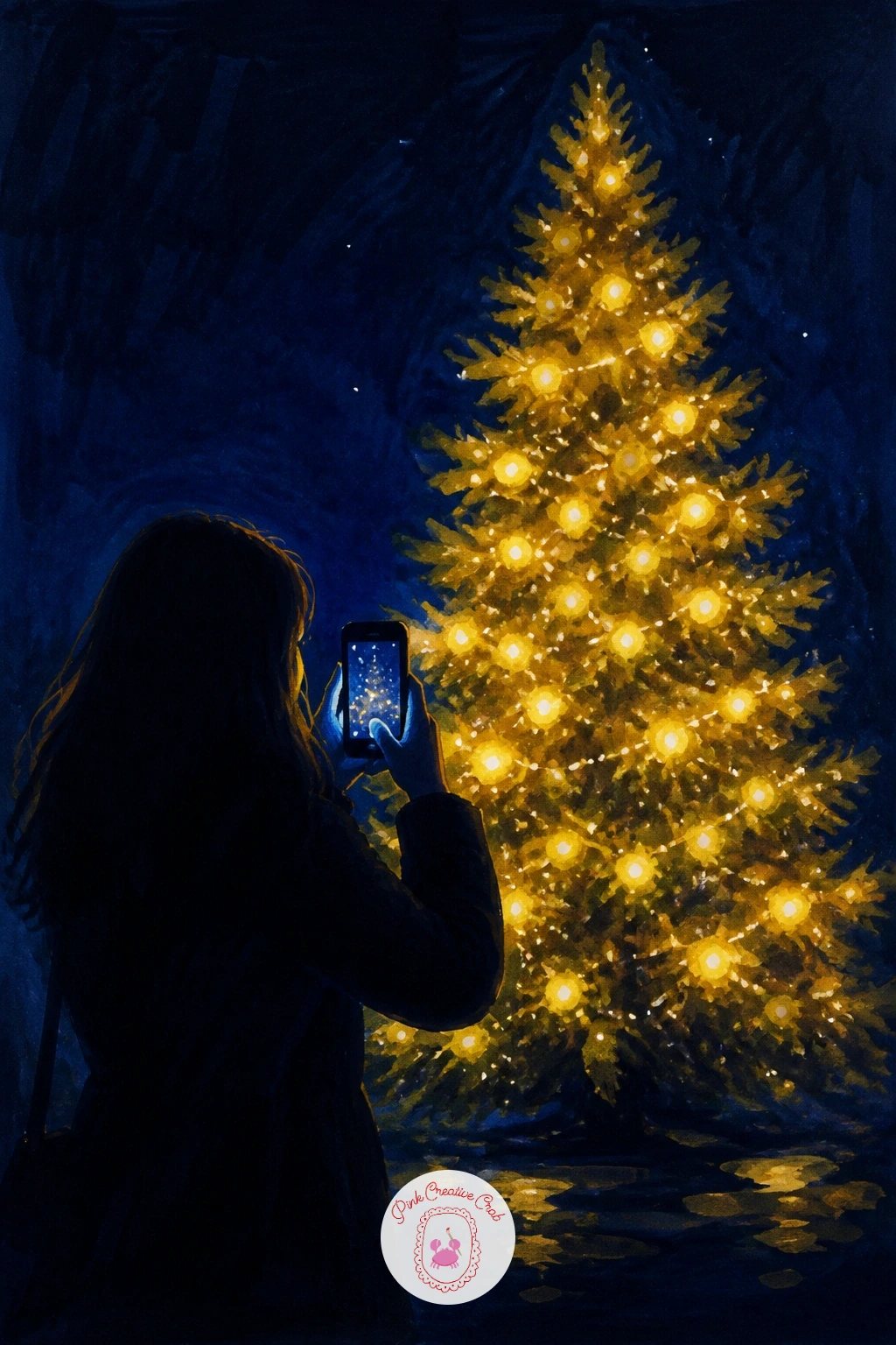 Girl Photographing a Lit Tree — Add a small human action next: a girl taking a photo of a lit tree with her phone, the screen glowing faintly in her hand.