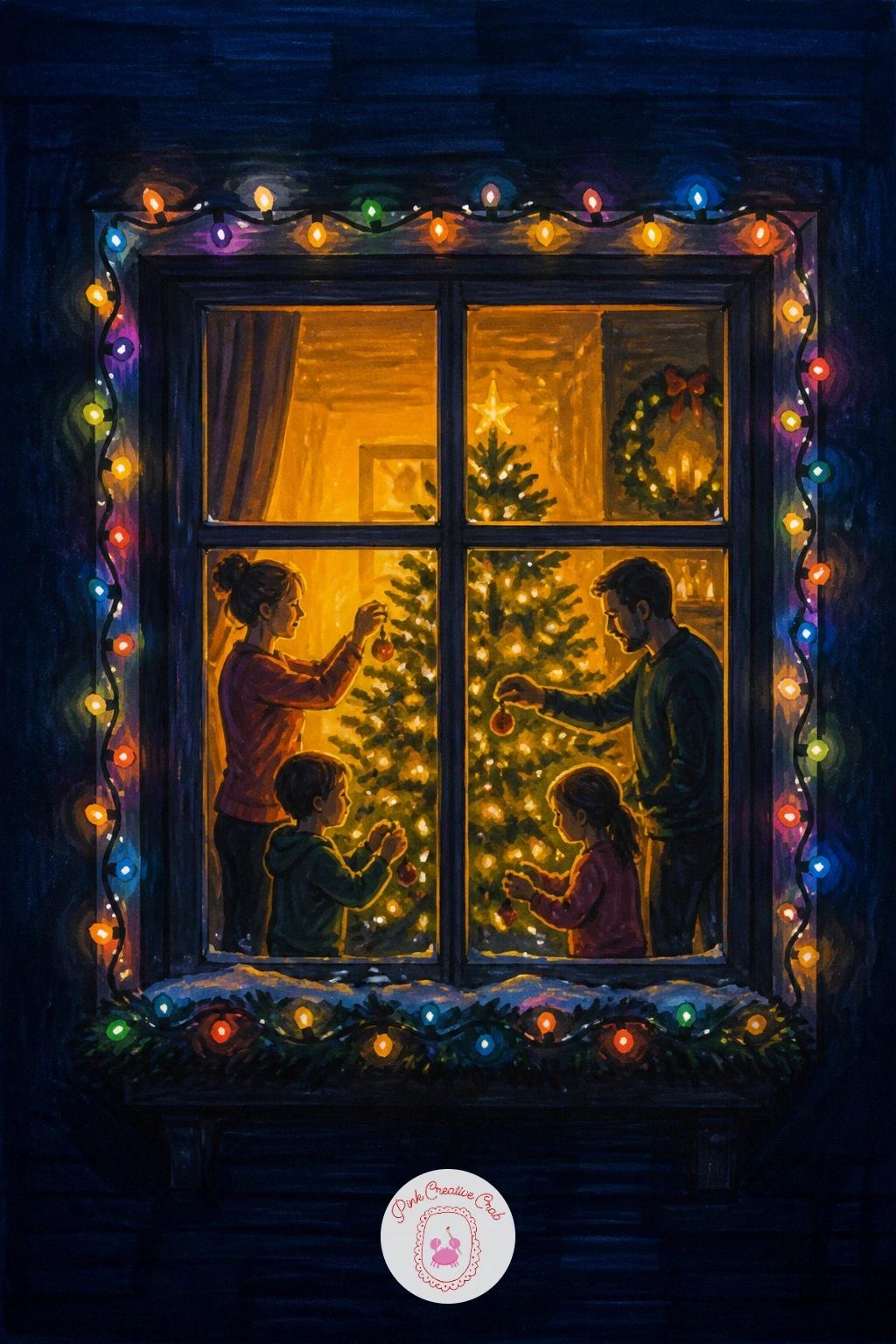 Lit Window With Family Decorating — Step back to a lit window with a family decorating inside, seen from the dark street. Christmas lights drawing