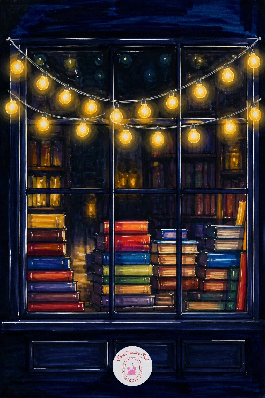 Bookshop Window With Stacked Books — Give the glow a literary home with a bookshop window, lights strung across the glass and books stacked below. Christmas
