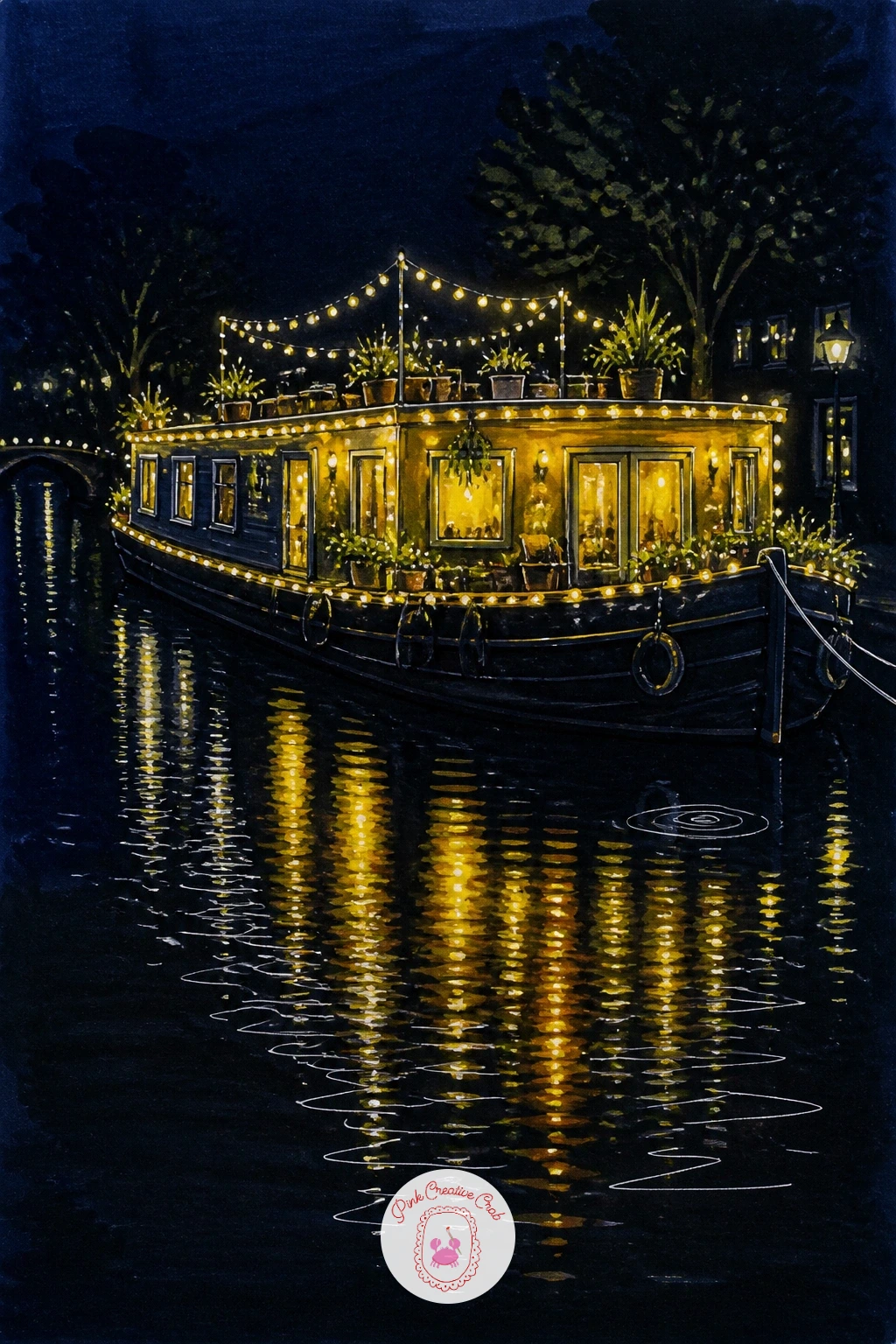Houseboat Covered in Lights — Carry the glow onto the water with a houseboat covered in lights, moored along a quiet canal. Christmas lights drawing