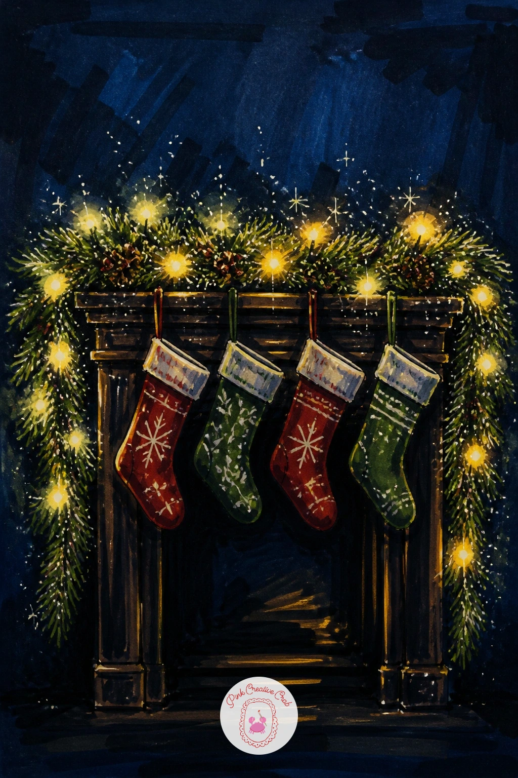 Mantel With Garland Lights and Stockings — Bring the scene indoors to a close, cozy mantel with garland lights and a row of hanging stockings. Christmas lights