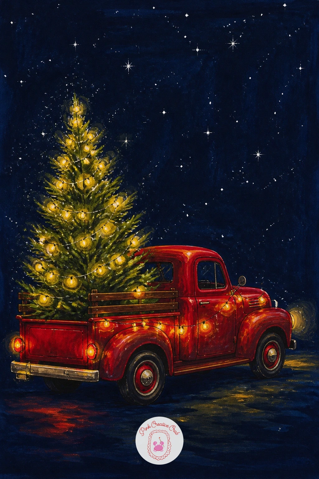 Little Red Truck With a Lit Tree — Bring back a classic after all that quiet indoors: a little red truck with a lit Christmas tree in the back. Christmas