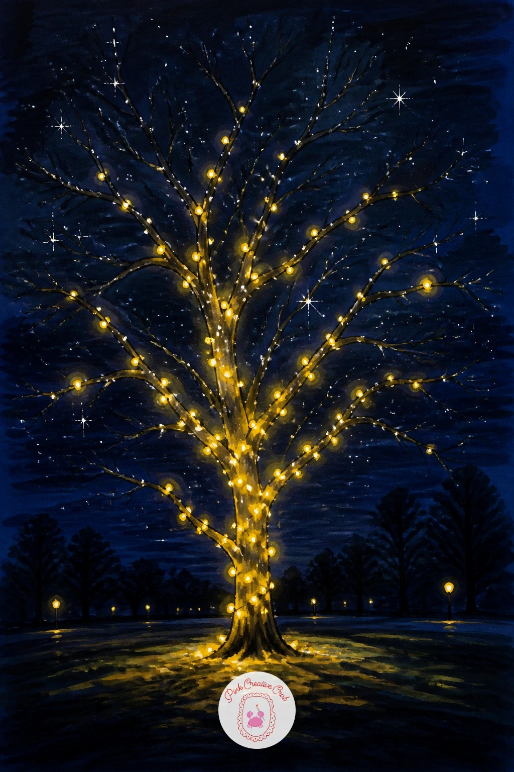 Bare Tree Wrapped in Lights — Strip the scene back to almost nothing: a bare tree in a park, its branches wrapped in strings of light with no leaves to soften