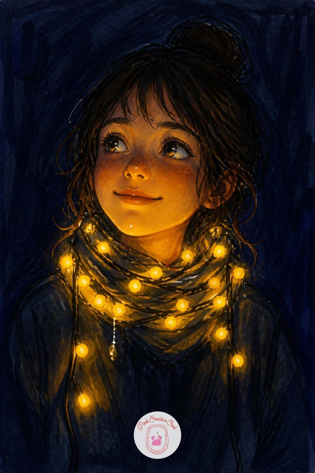 Girl With Lights Wrapped Like a Scarf — Turn the lights into clothing for a more playful idea: a girl with a string of lights wrapped around her neck like a