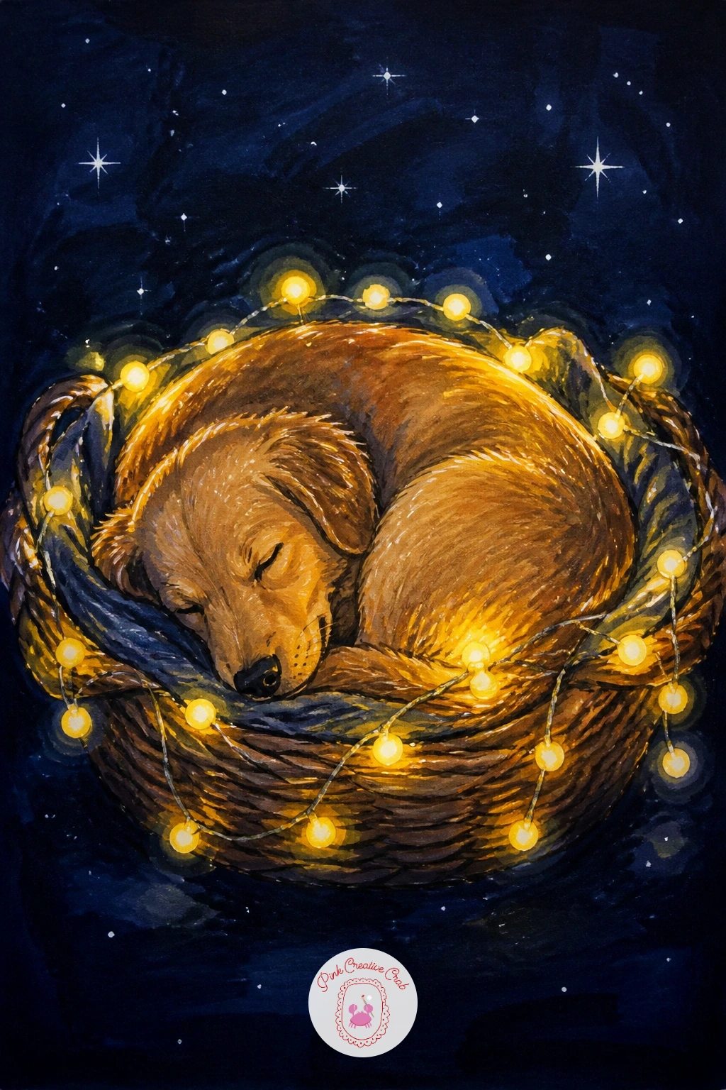 Dog Sleeping in a Garland-Lit Basket — Return to the animals for a dog sleeping in a basket lit by a garland draped along its rim. Christmas lights drawing
