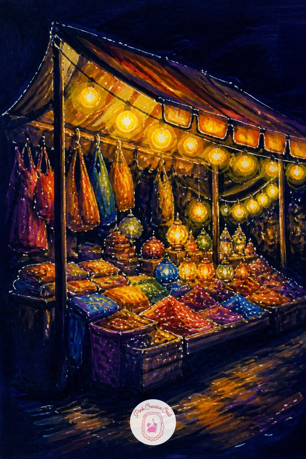 Market Stall Glowing With Bulbs — Fill the page with a market stall glowing with hanging bulbs, goods piled beneath a little awning. Christmas lights drawing