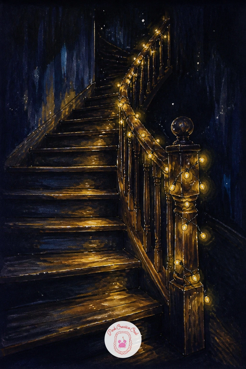 Old Staircase With a Lit Banister — Move into an entryway for an old staircase with lights wound around the banister, climbing step by step into shadow.