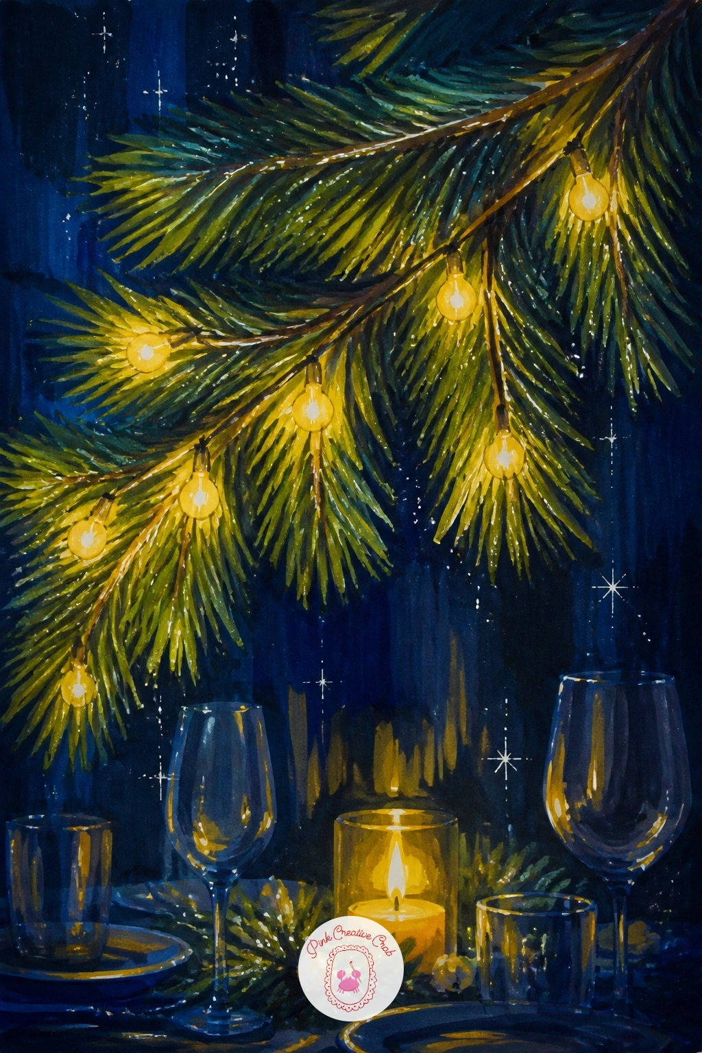 Pine Branch Over a Dinner Table — Bring the scene to table height for a pine branch draped with lights hanging low over a dinner table setting. Christmas