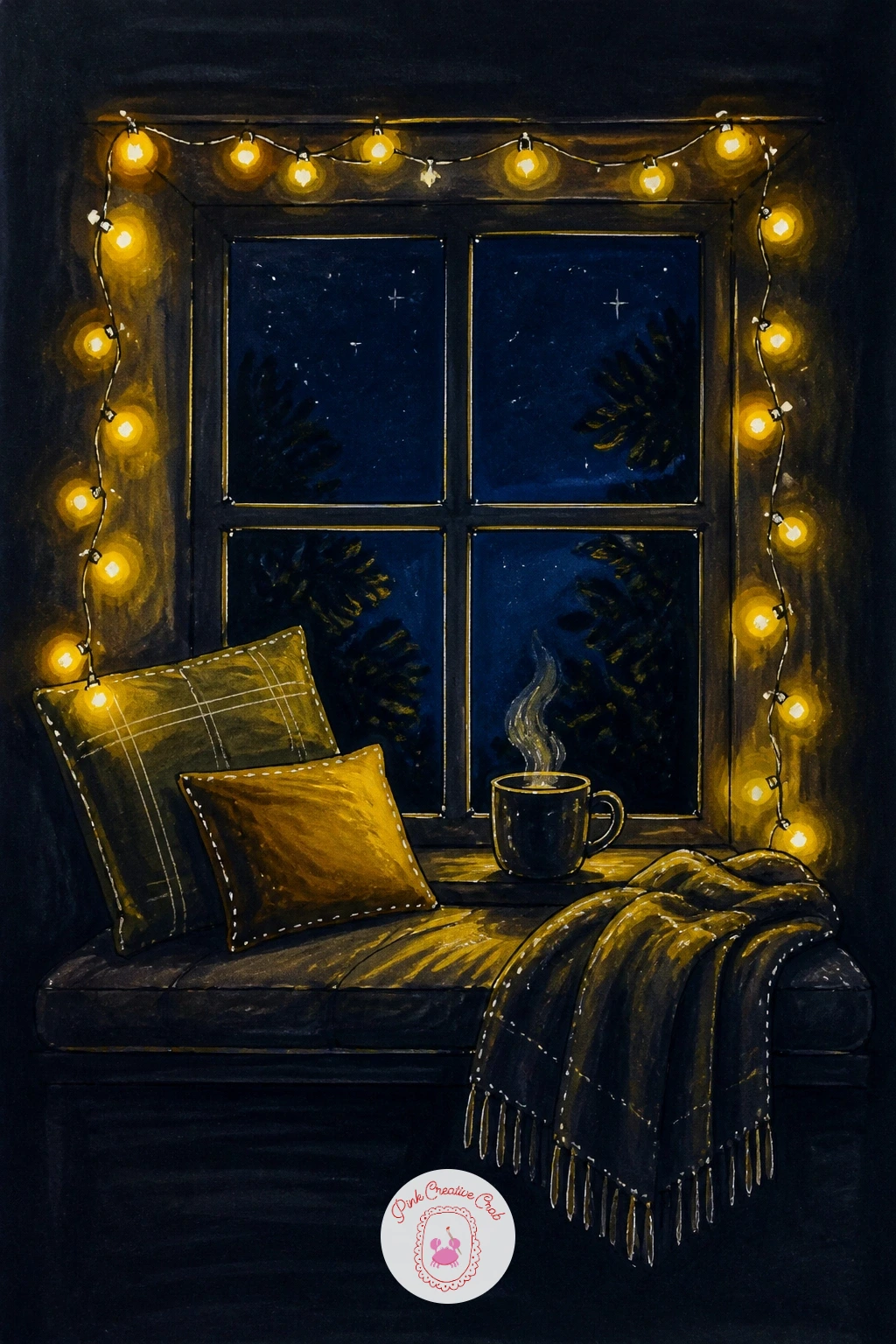 Window Seat With Fairy Lights and a Mug — Settle back into something quiet for a window seat strung with fairy lights, a mug resting on the sill beside it.