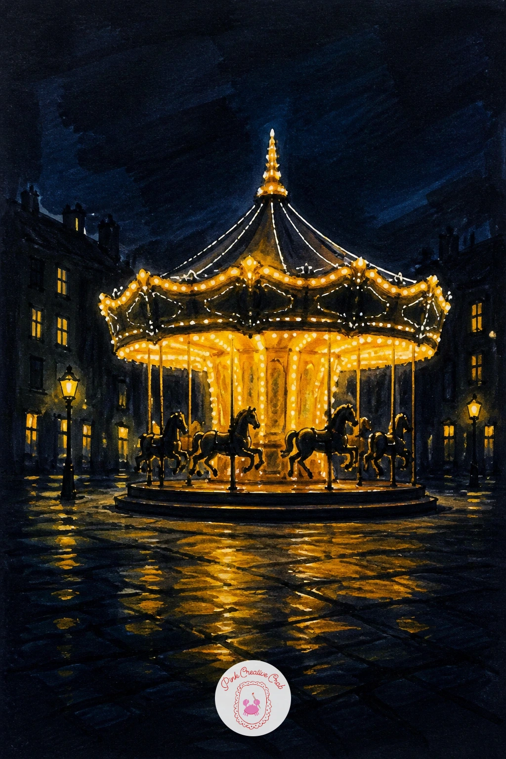 Lit Carousel in a Dark Square — Give the set one busier centerpiece before the finale: a lit carousel standing in a dark town square, bulbs tracing its every