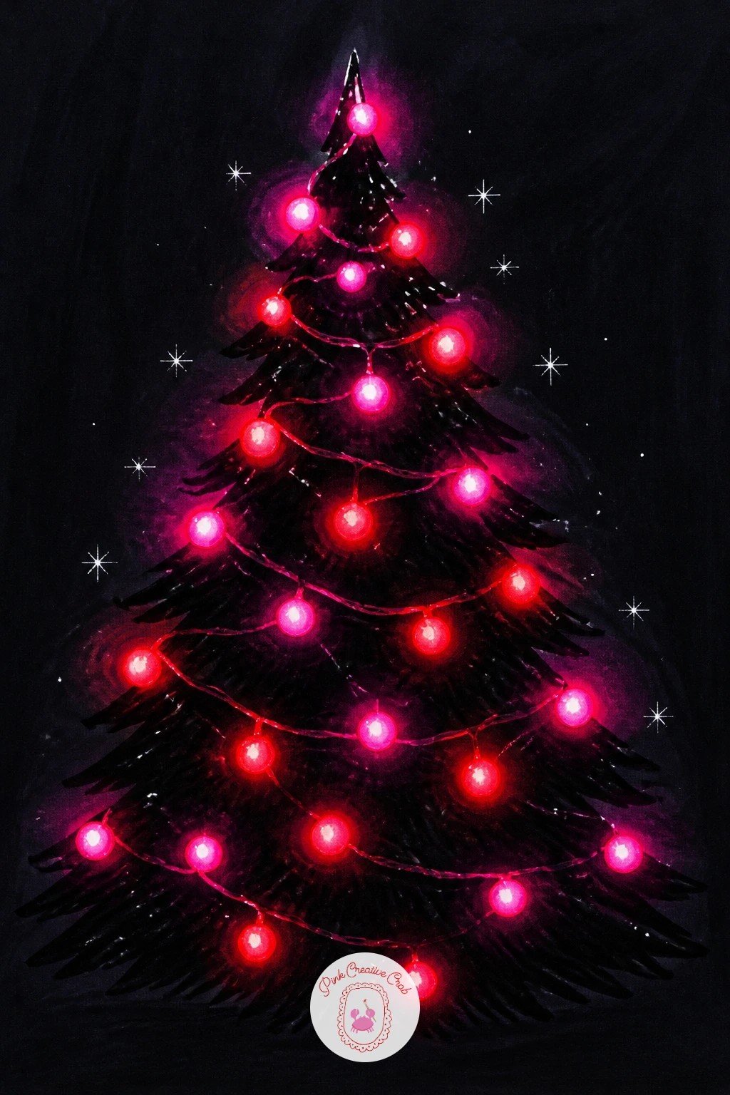 Neon Bulbs on a Black Tree — Shift the palette for something bolder: neon pink and red bulbs strung on an otherwise black silhouette tree. Christmas lights
