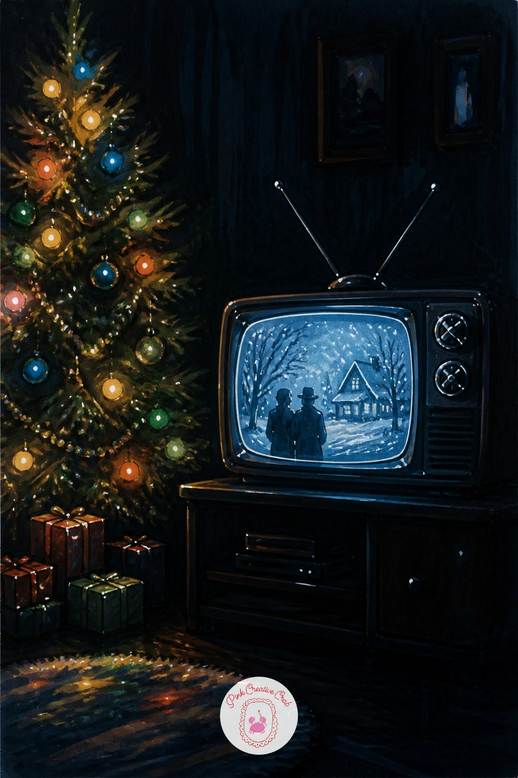 Vintage TV Playing a Holiday Film — Close the set with a vintage TV playing a holiday film, its screen glowing beside a lit tree in the corner. Christmas