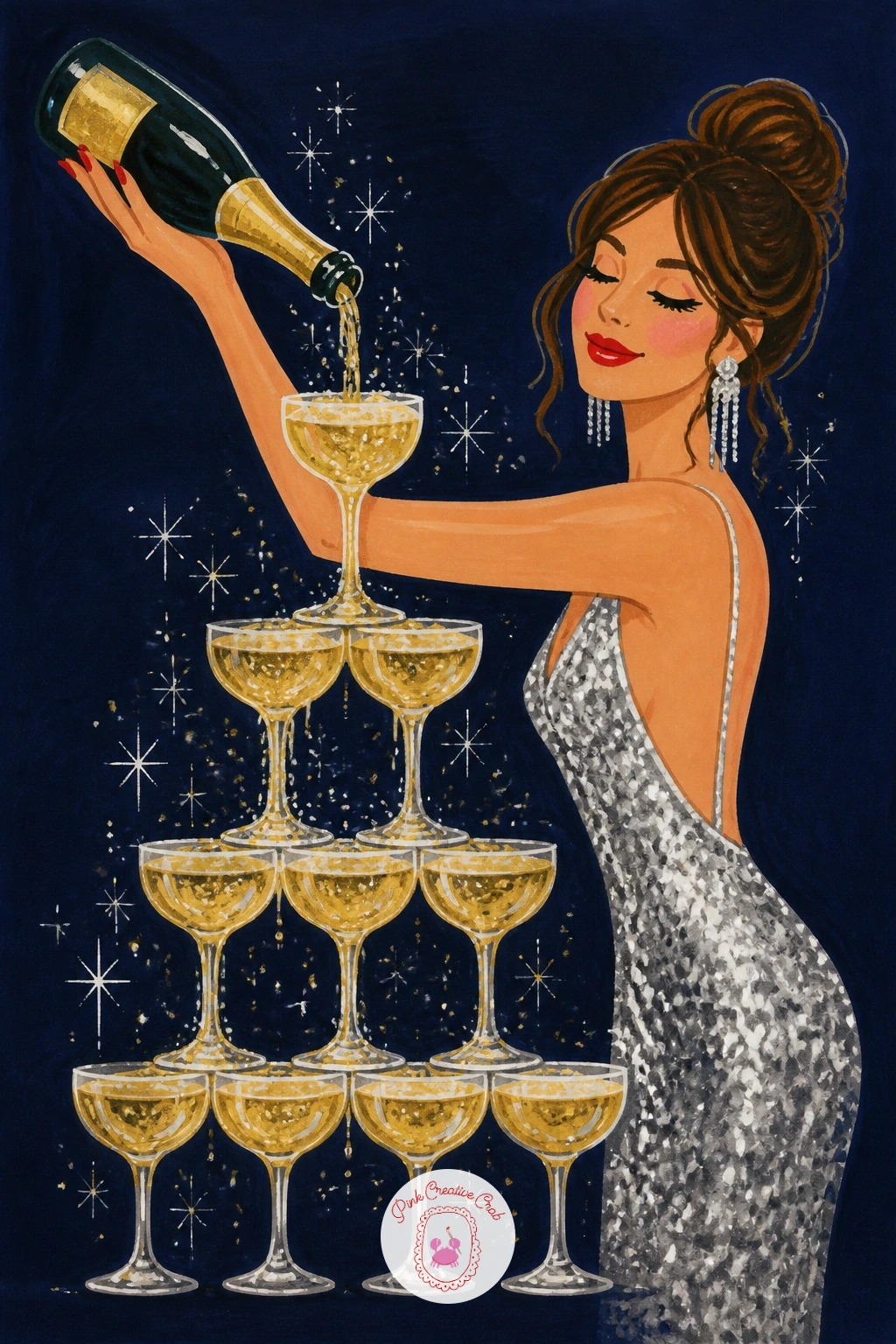 Champagne Tower With Sequin Girl — Start the champagne tower by stacking circles, not glasses: five wide ovals on the bottom row, narrowing to one at the top