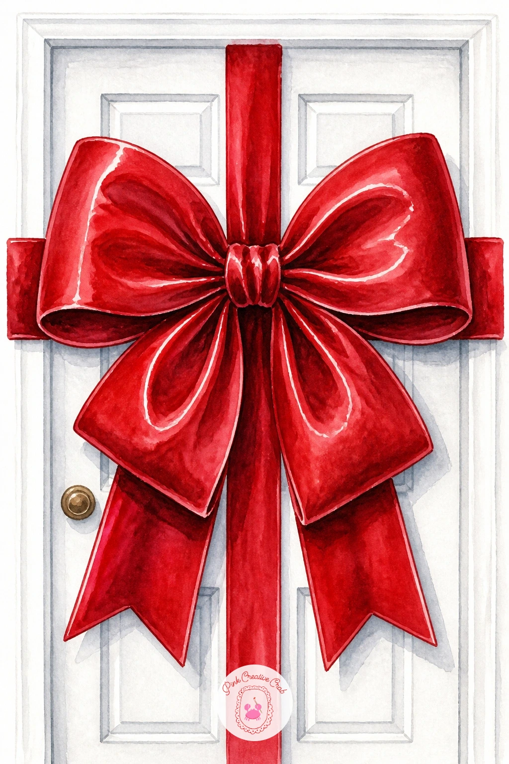 XL Red Velvet Bow on a Front Door — Start big: sketch a door panel filling most of the page, then center a bow across it with loops wider than the door is