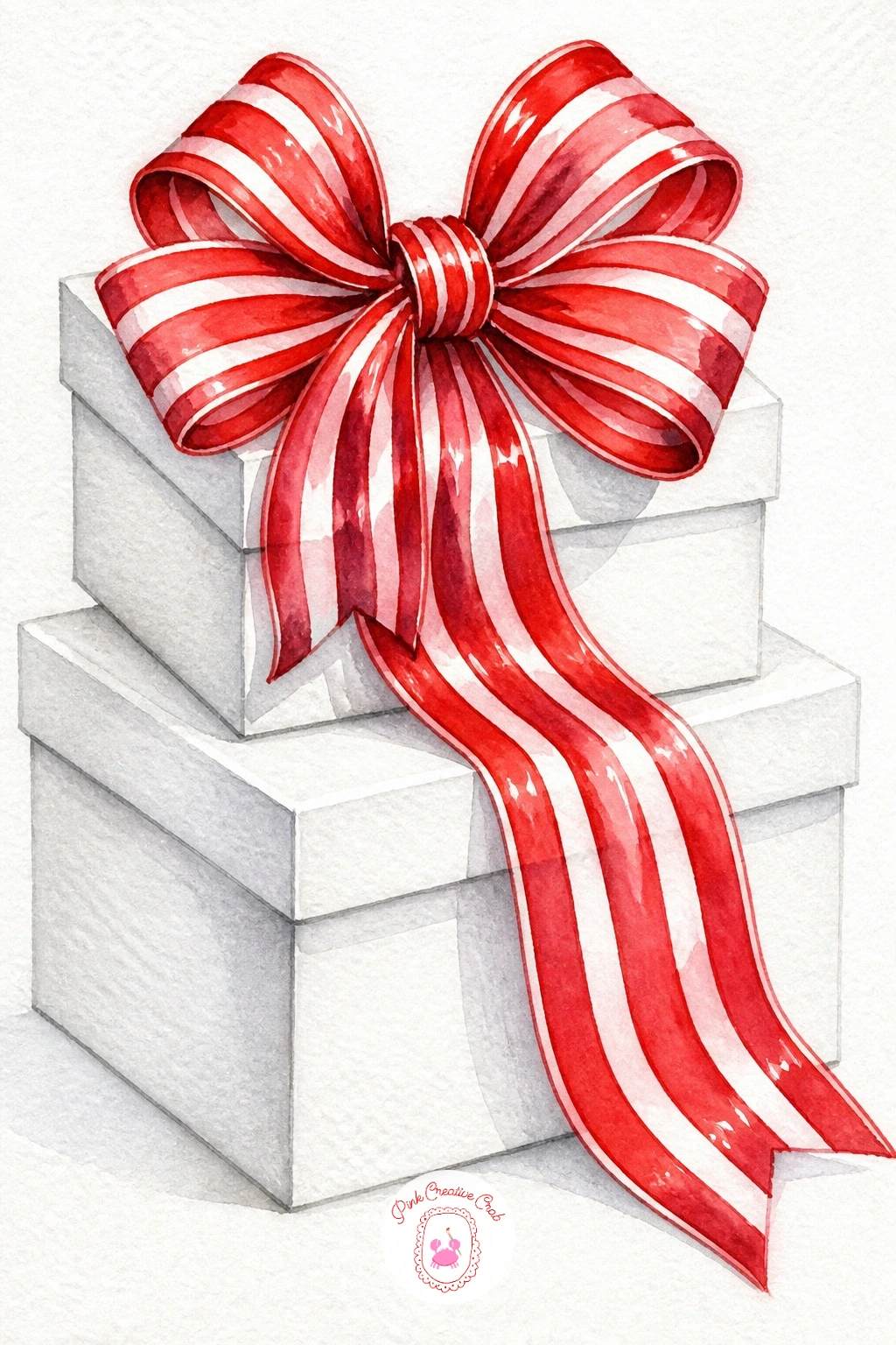 Striped Satin Bow on a Stack of White Boxes — Move from soft branches to crisp geometry with this striped satin bow sitting on a stack of plain white gift