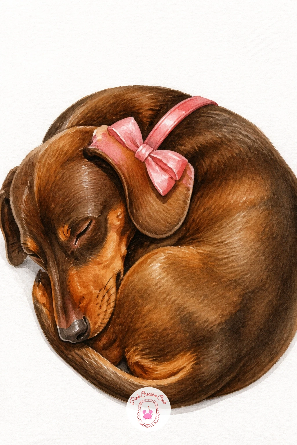 Pink Bow on a Dachshund's Collar — Bring in some life with a pink bow perched on a sleeping dachshund's collar, curled up as if by the tree. Christmas bow