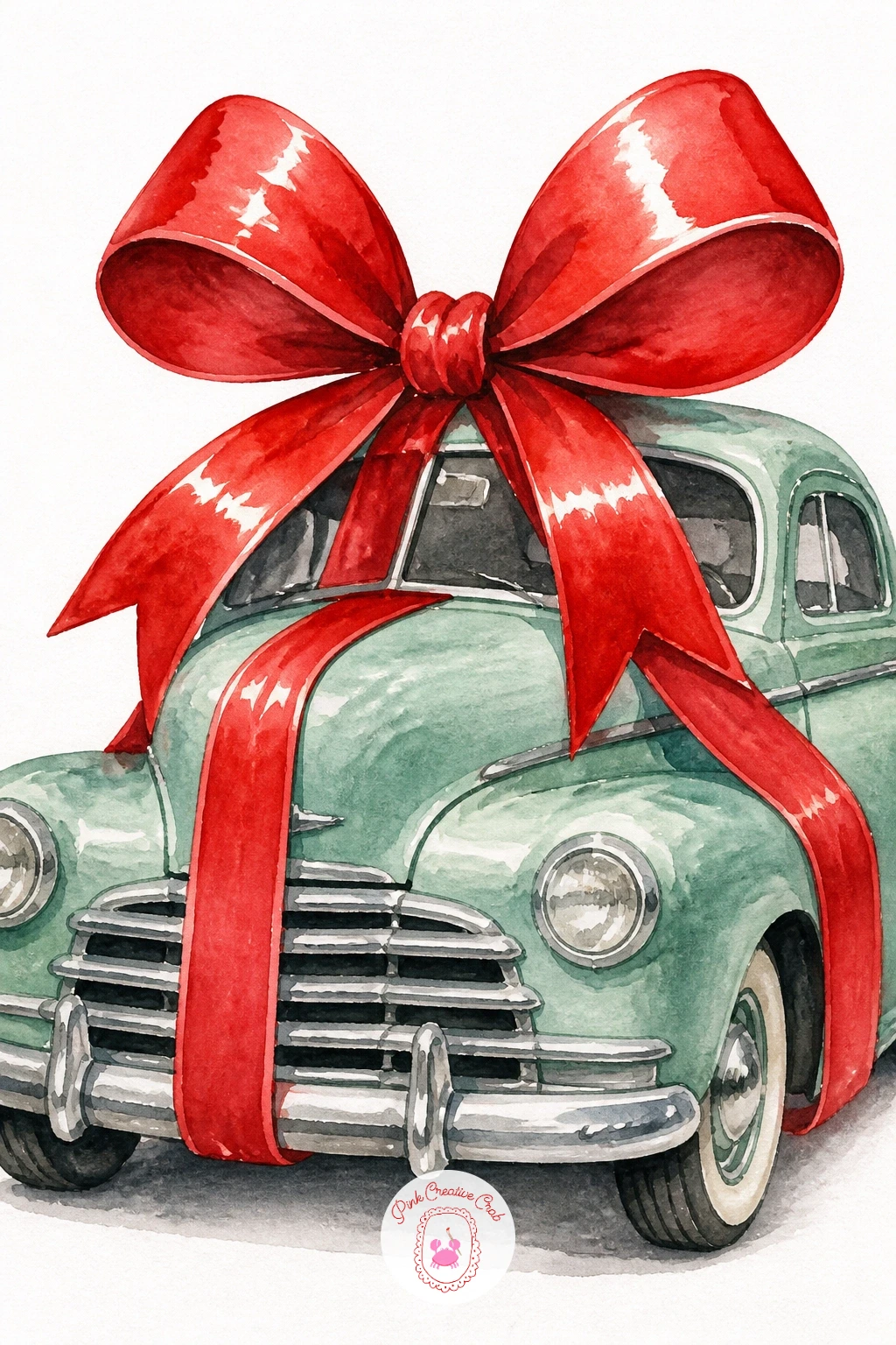 Huge Bow Wrapped Around a Vintage Car — Scale back up dramatically with a huge bow wrapped around an entire vintage car, loops as tall as the roofline, which