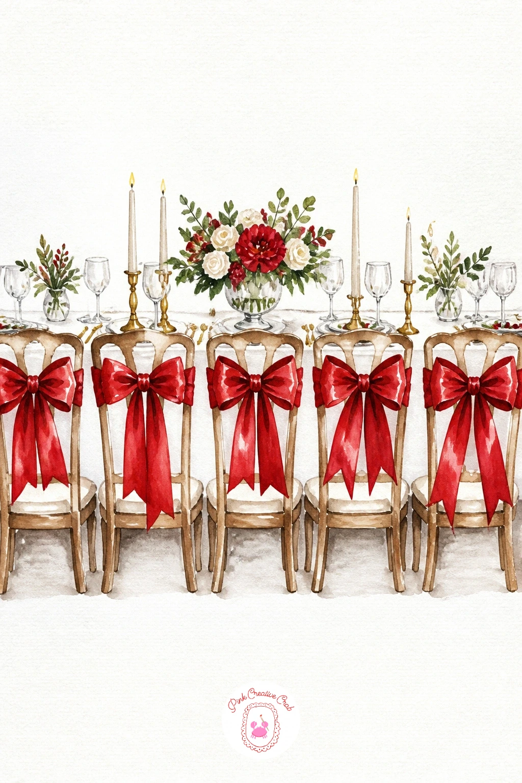 Bows Tied on Every Chair of a Dinner Table — Zoom into a styled dinner table where bows sit tied on the back of every chair, a lovely one if you like drawing a