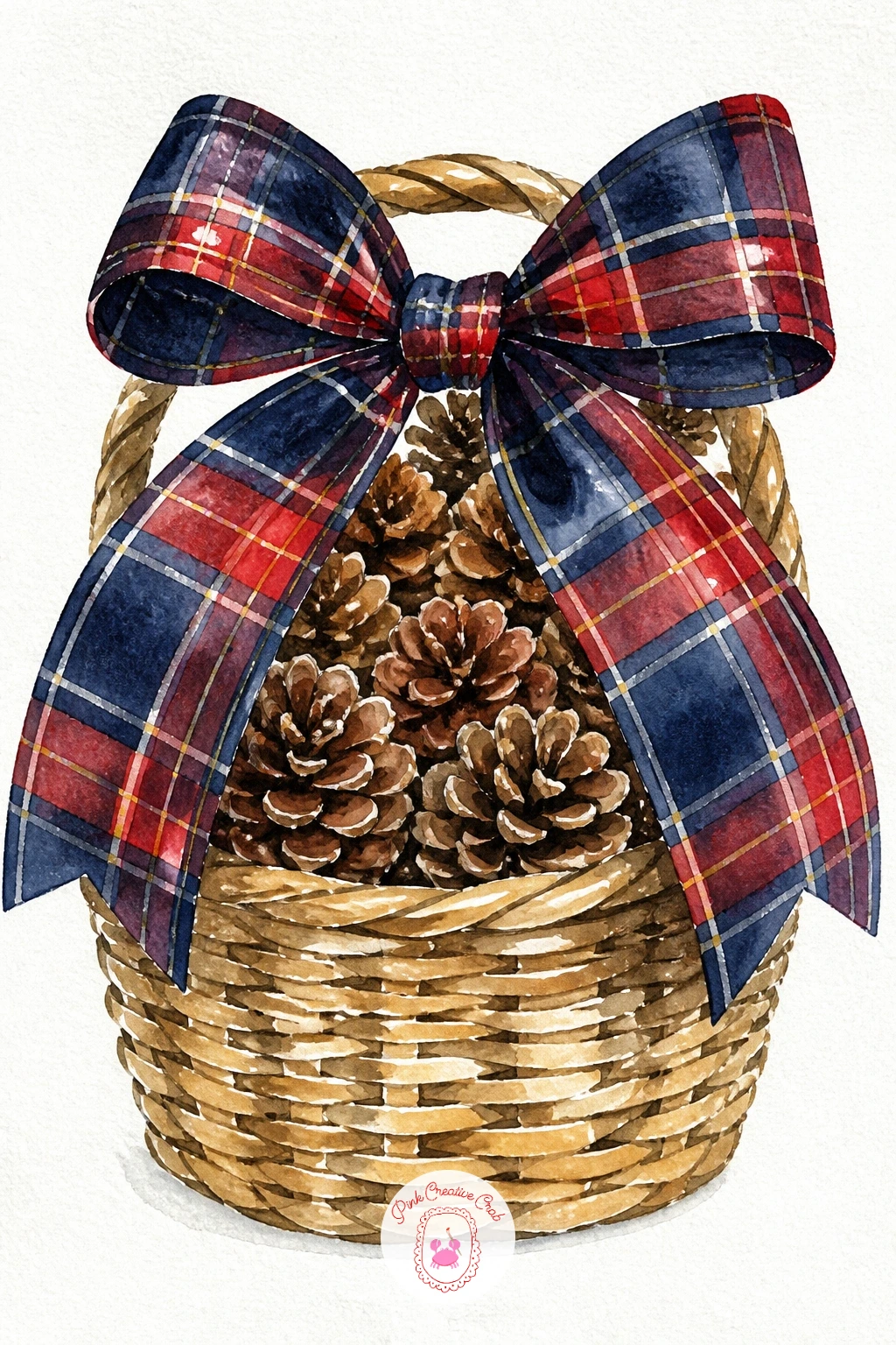 Tartan Bow on a Basket of Pine Cones — Keep the cozy textures going with a tartan bow sitting on a woven basket filled with pine cones. Christmas bow drawing