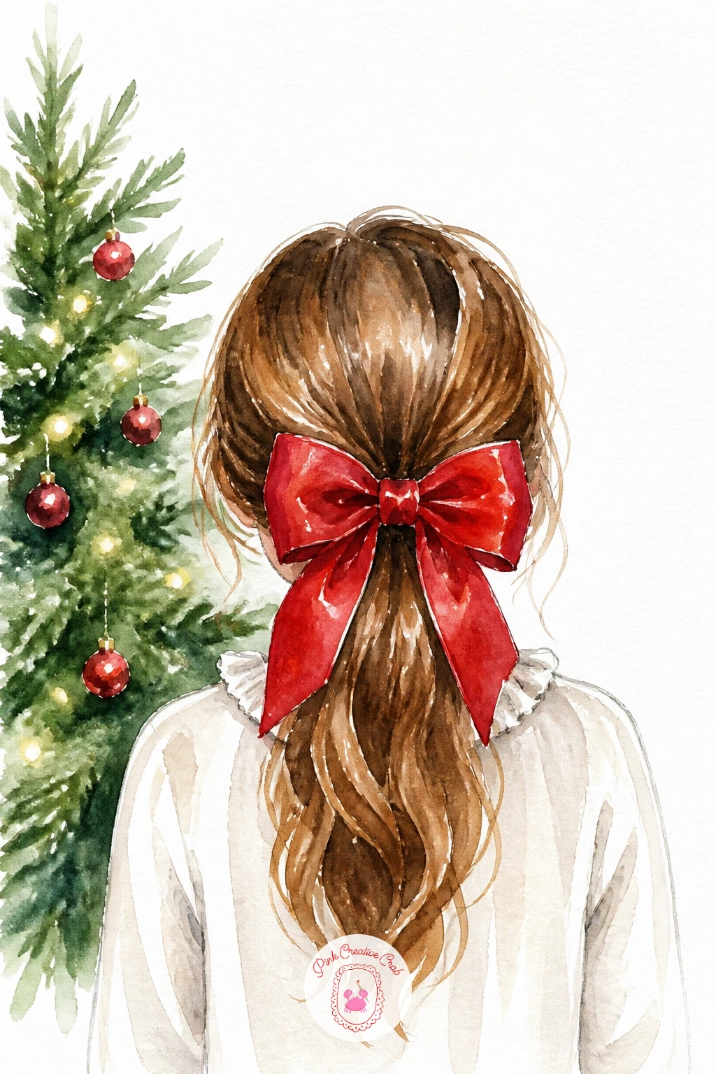 Bow on a Girl's Ponytail by the Tree — Bring a figure into frame with this bow tied onto the back of a girl's ponytail, seen from behind as she stands near the