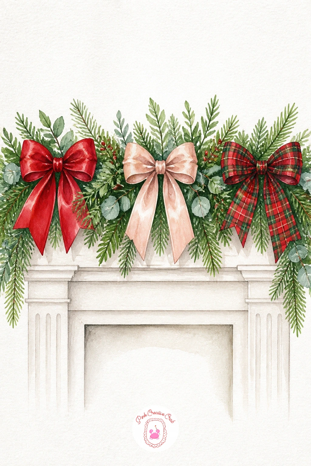 Bow Garland Across a Mantel — Widen the frame now with a garland of bows strung across a mantel shelf, a satisfying one to let loose and fill more of the page.