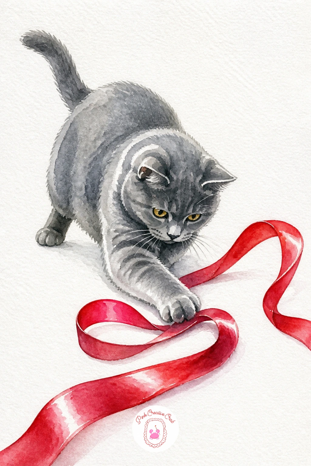 Cat Batting a Long Silk Ribbon — Add some motion with a cat mid-pounce, one paw batting at a long trailing silk ribbon rather than a finished bow. Christmas