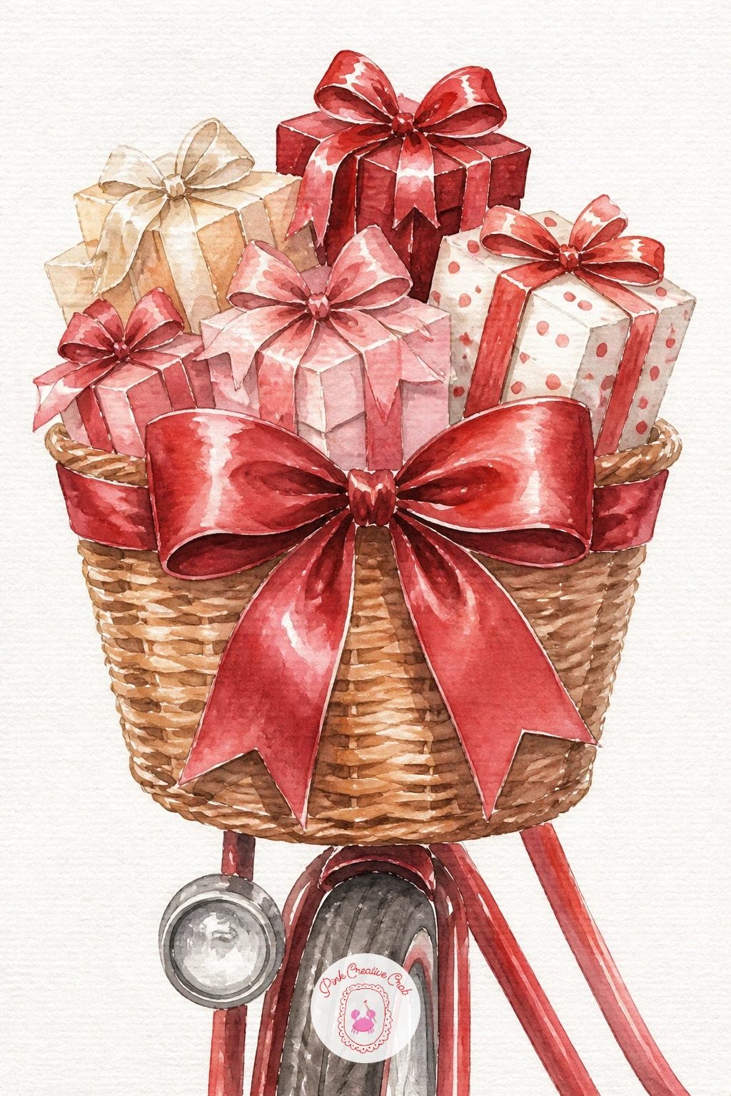 Bow on a Bicycle Basket Full of Gifts — Move outdoors with a bicycle basket overflowing with wrapped gifts, a bow tied across the front of the basket itself.