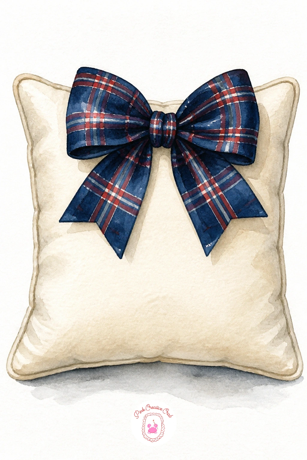 Navy Tartan Bow on a Cushion — Settle into a cozier, flatter subject with a navy tartan bow sitting on a plump cushion, nice for practicing pattern after all