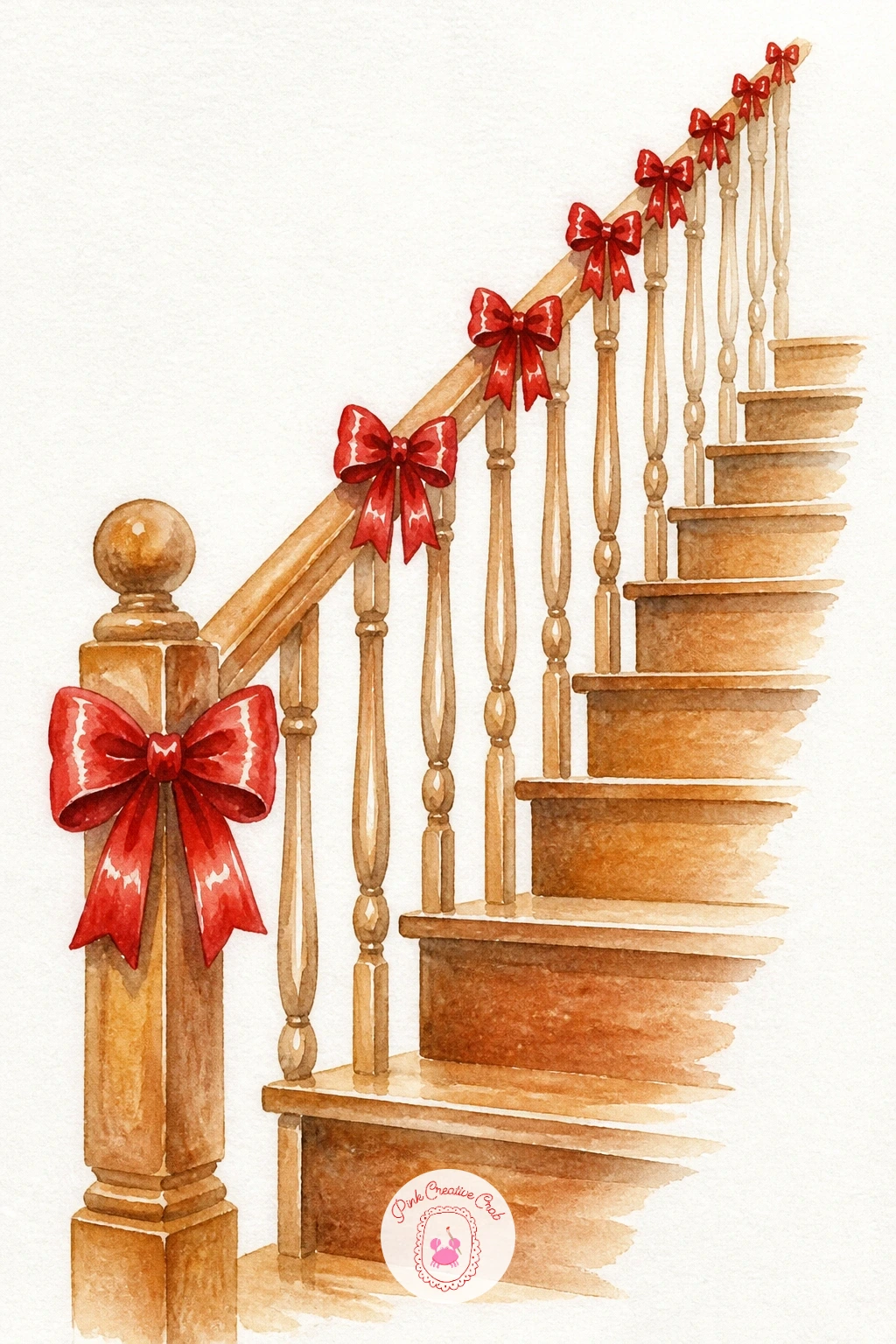 Bows Lining a Staircase Banister — Expand into another wide scene with a staircase banister lined in small bows along the handrail, echoing the mantel garland