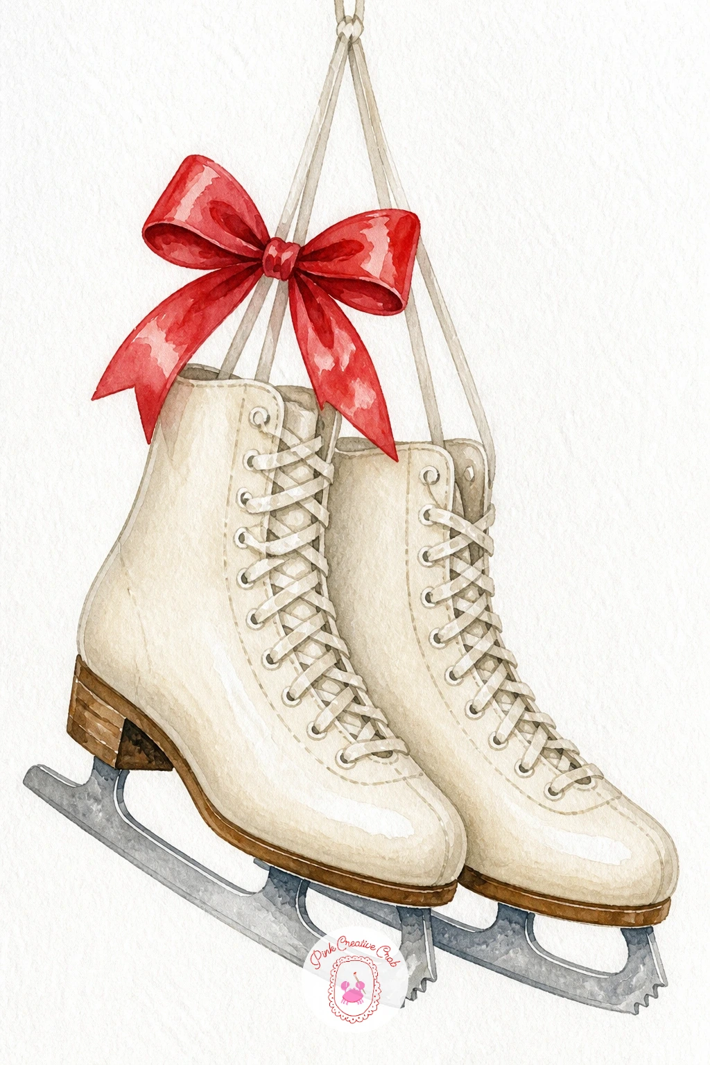 Bow on a Pair of Ice Skates — Bring in some winter sport with a pair of ice skates hung by their laces, a bow tied where the laces cross. Christmas bow drawing