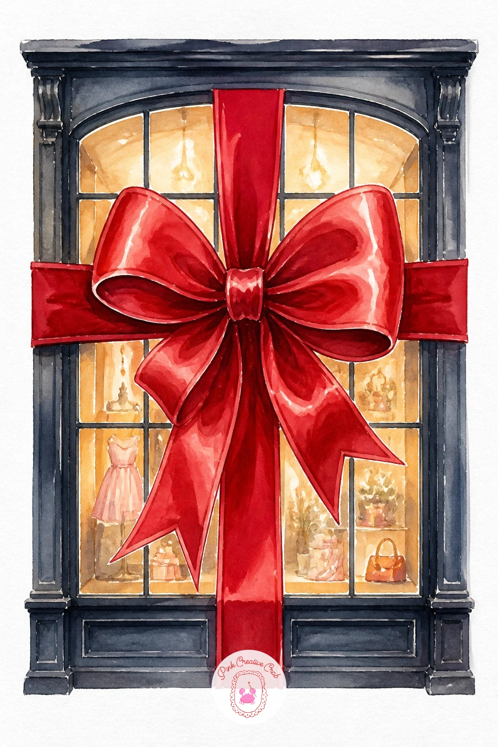 Giant Bow on a Shop Window — Go big again with a giant bow stretched across an entire shop window, echoing that oversized door bow but set into a storefront