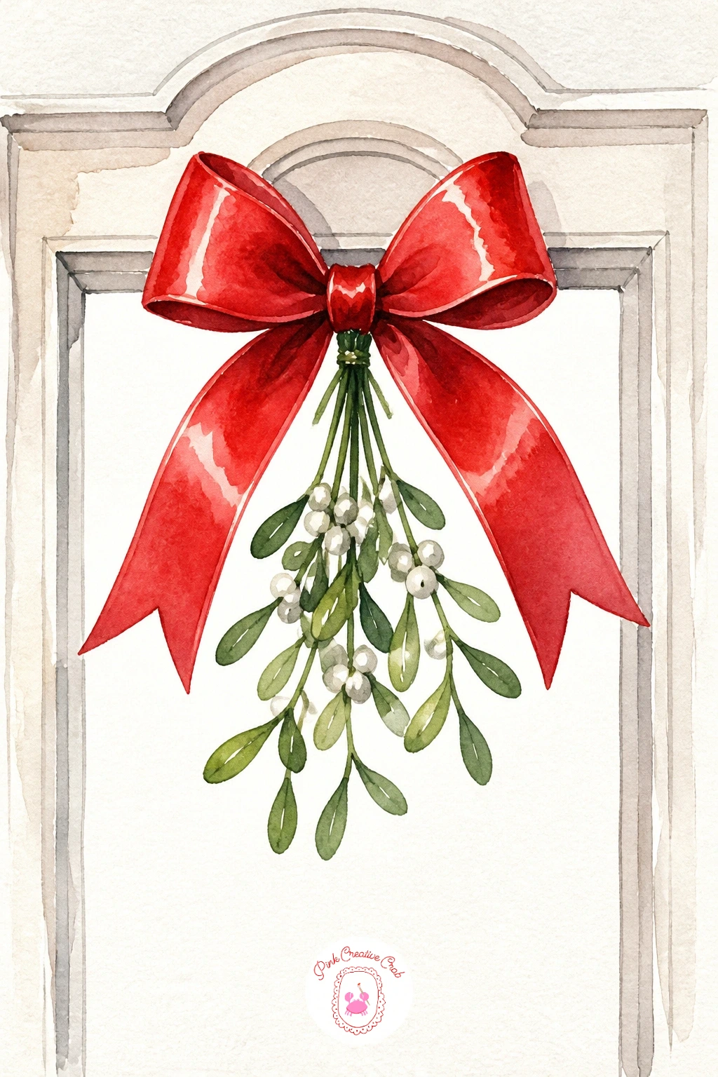 Bow Holding a Sprig of Mistletoe in a Doorway — Frame a doorway next with a sprig of mistletoe hanging from the top, held up by a bow tied just above the