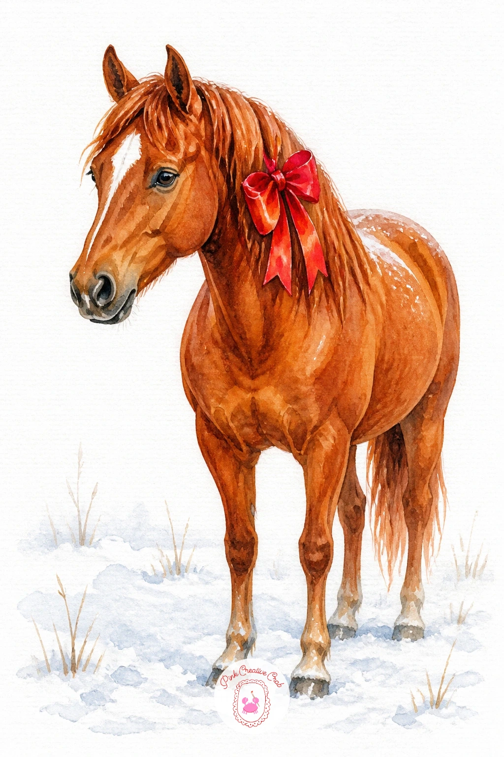 Bow on a Horse's Mane in a Snowy Field — Take the most ambitious subject on this list with a horse standing in a snowy field, a bow tied into its mane.