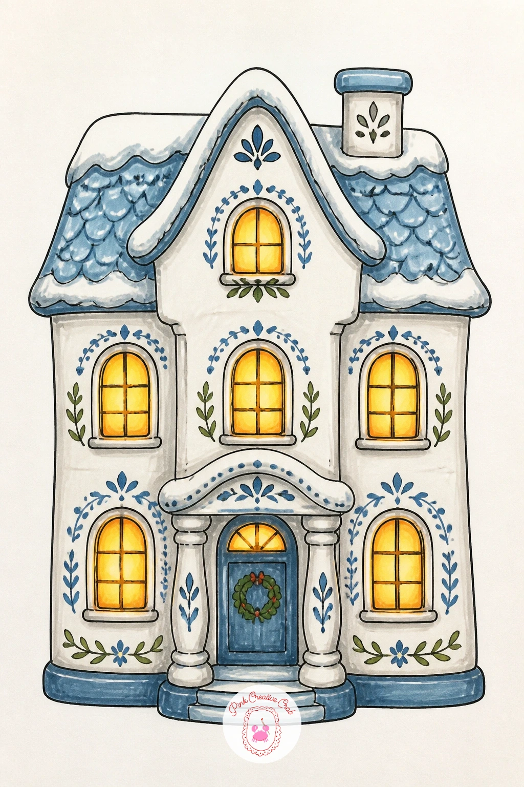 Glowing Ceramic White House — Once the red cottage feels comfortable, try a ceramic-style white house glowing from inside, since it leans on light and shadow