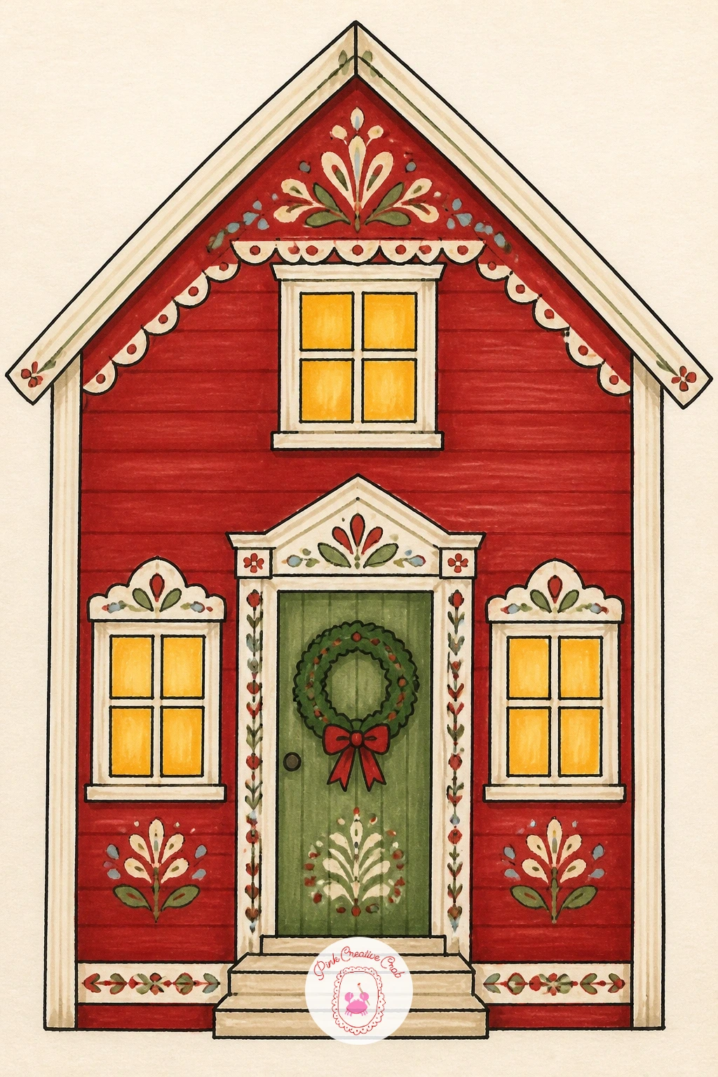 Red Wooden House With Wreath — Start with the easiest house on the list, a simple red wooden cottage with white trim and a wreath on the door, because its boxy