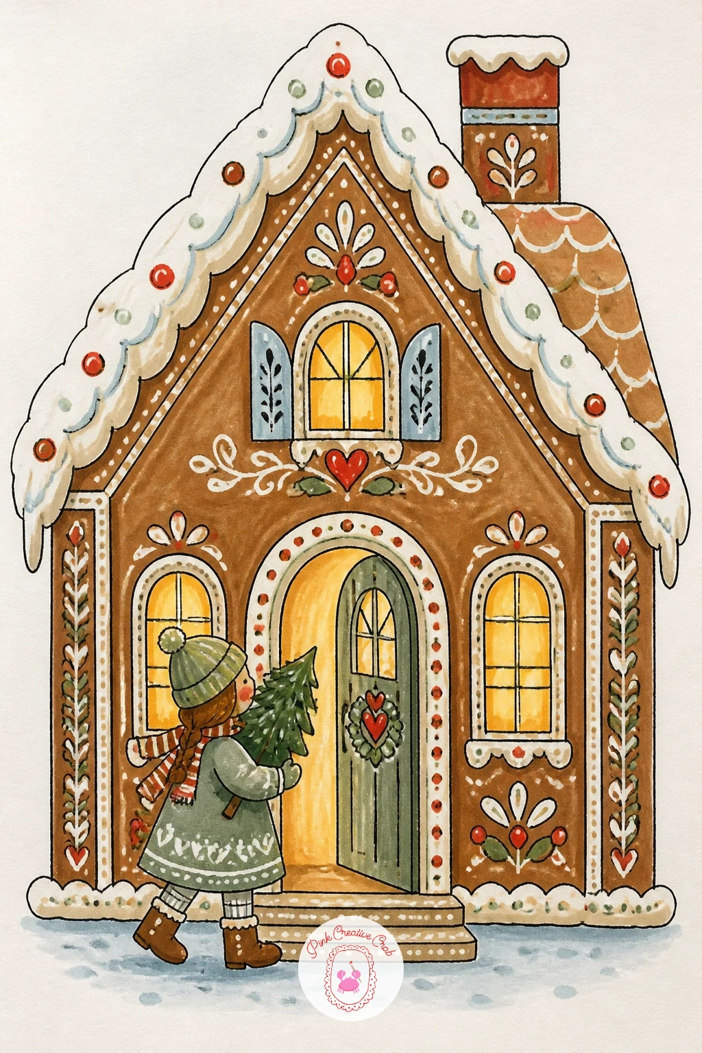 Gingerbread Cottage With Girl Carrying a Tree — Bring in a small figure now that the house shapes feel steady, starting with a gingerbread-colored cottage and