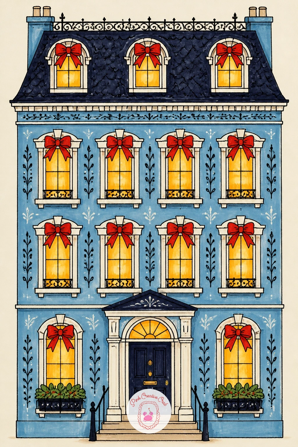 Blue Townhouse With Bows on Every Window — Move into pattern repetition with a blue townhouse wearing a bow on every single window, a good exercise in keeping