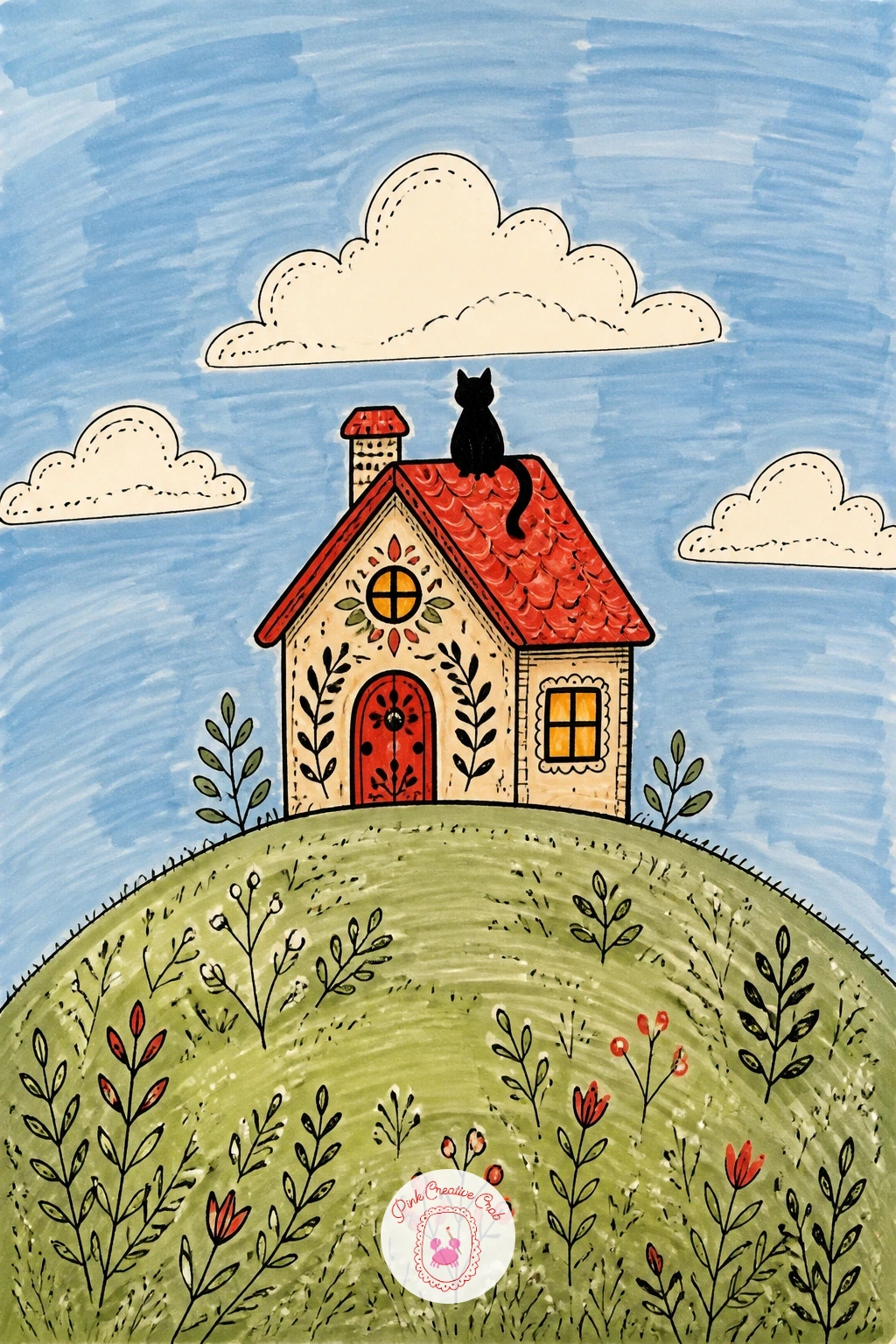 Tiny Hilltop House With Cat on the Roof — Give the eye somewhere to travel with a tiny house on a hill and a cat perched right on the roof, watching the view.