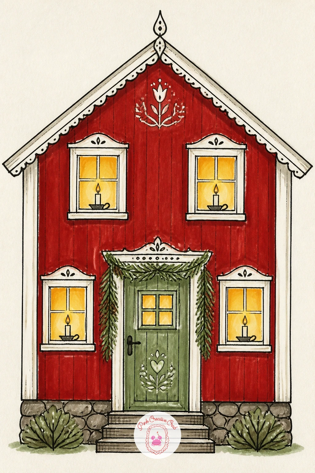 Swedish Red Cottage With Candle Windows — Lean fully into the folk tradition now with a Swedish red cottage, its windows lit by a row of small candles rather