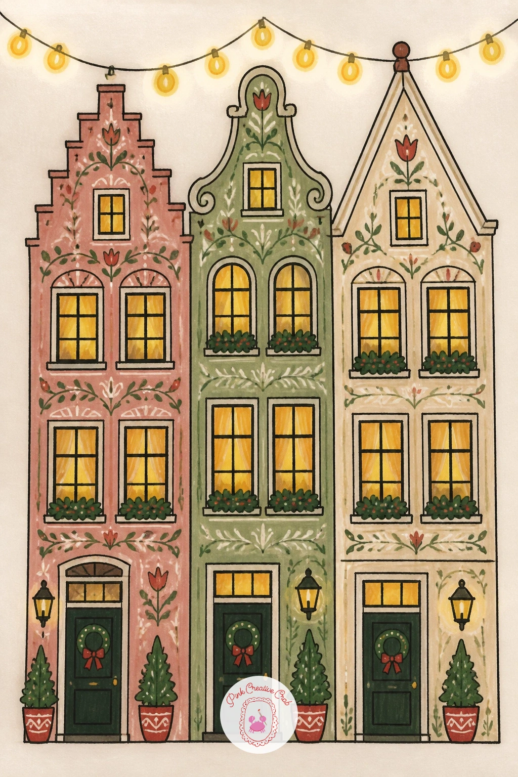 Row of Amsterdam-Style Houses With Lights — Step up the challenge with a row of colorful Amsterdam-style houses leaning gently against each other, each one lit