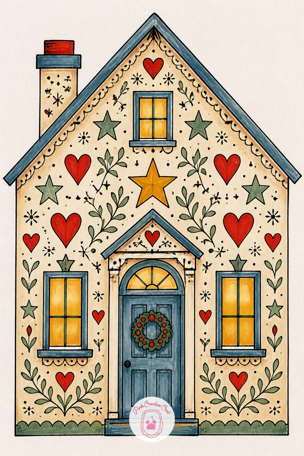 Folk House Painted With Hearts and Stars — Let pattern take over completely on a folk house painted with hearts and stars across every wall, closer to a piece