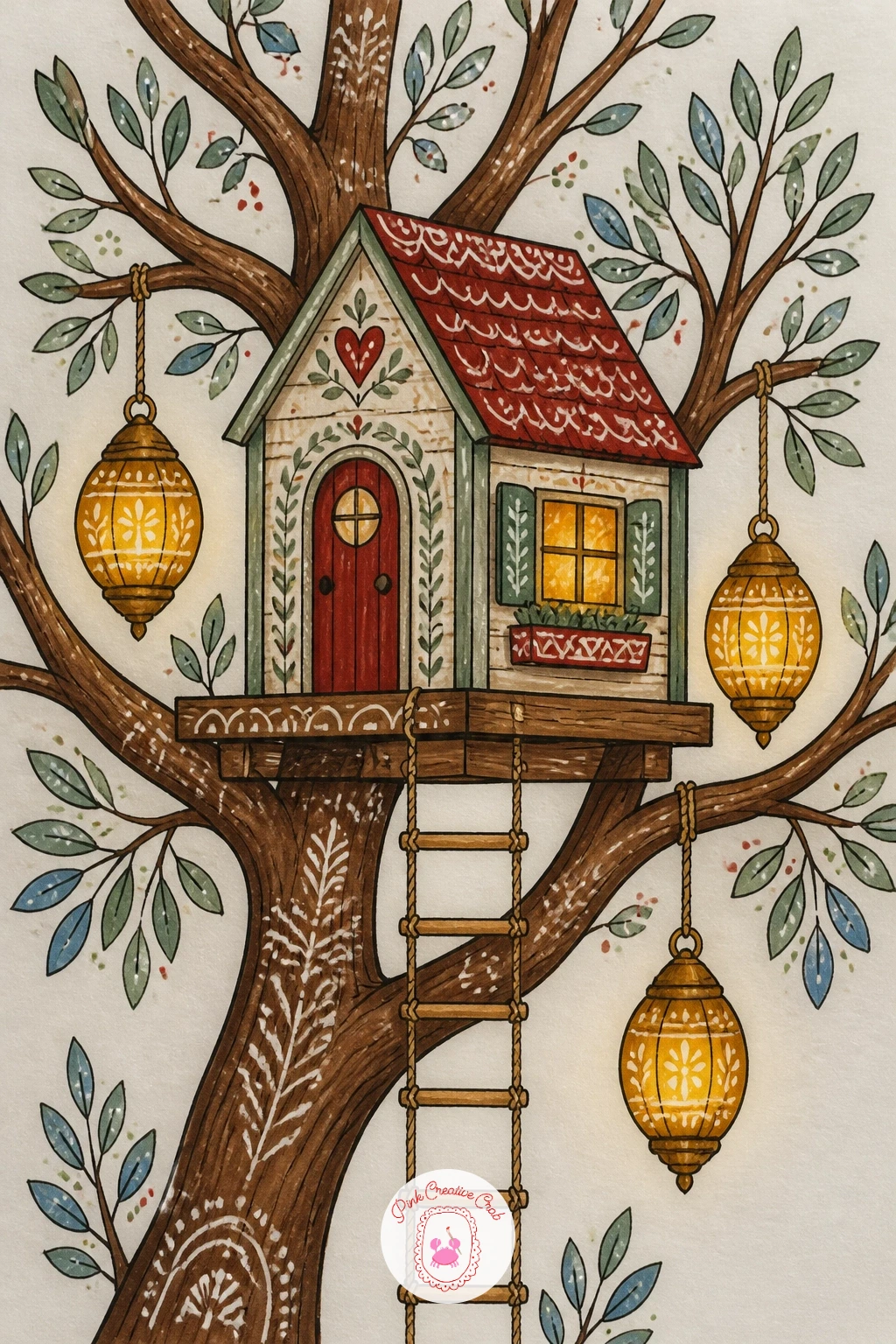 Tree House Decorated With Lanterns — Take the composition upward with a tree house decorated with small hanging lanterns rather than a house sitting on the