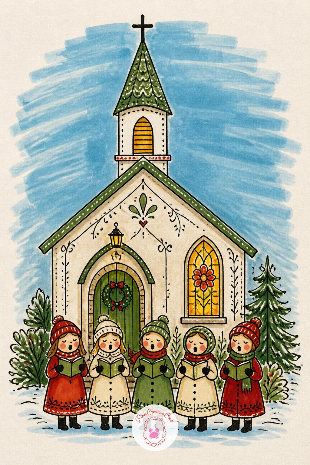 Little Church With Choir Outside — Bring a crowd into the scene with a little church and a small choir singing just outside its door. Christmas house drawing
