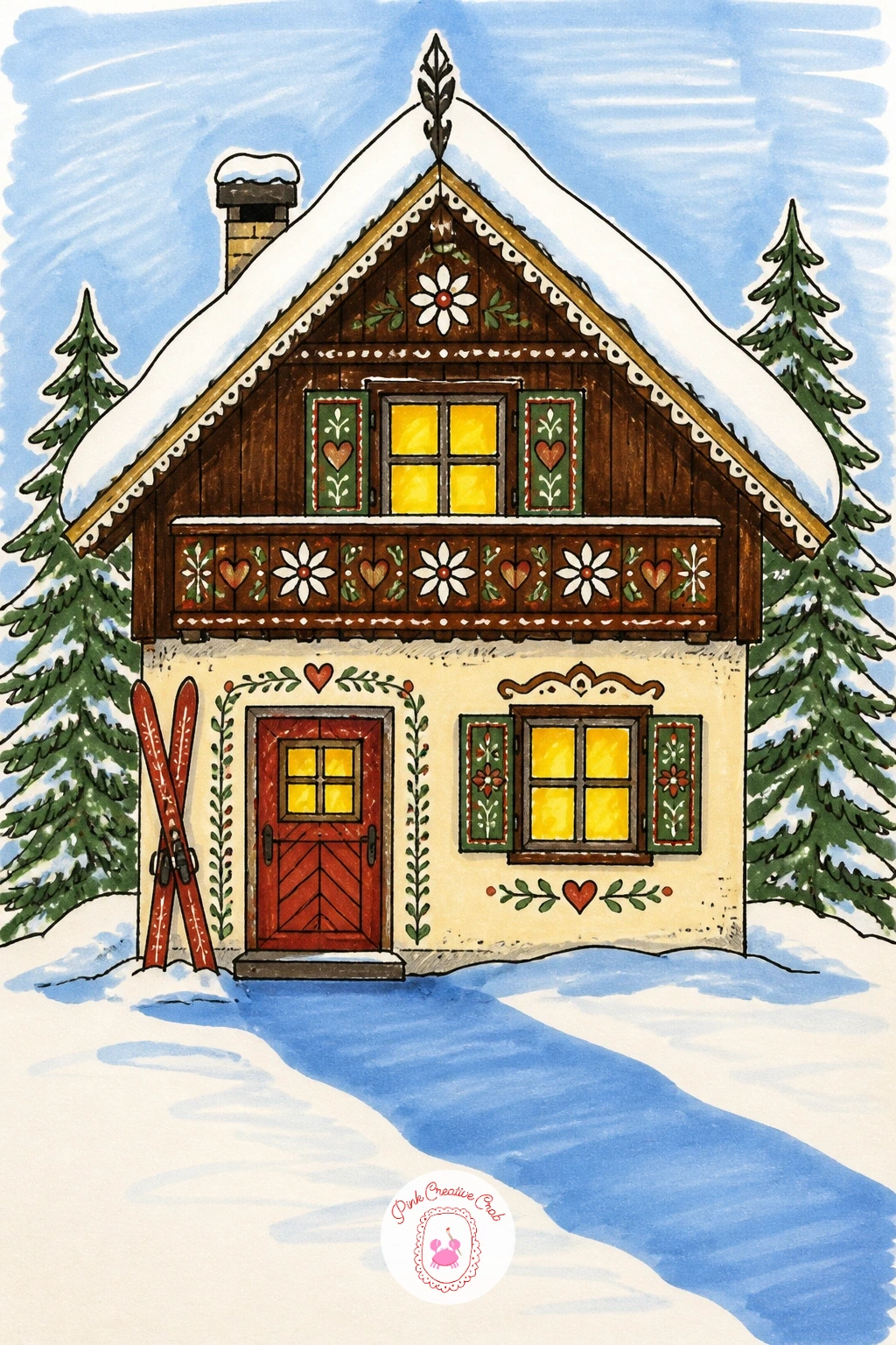 Snowy Chalet With Skis by the Door — Settle into a mountain mood with a snowy chalet, a pair of skis leaning casually by its front door. Christmas house drawing