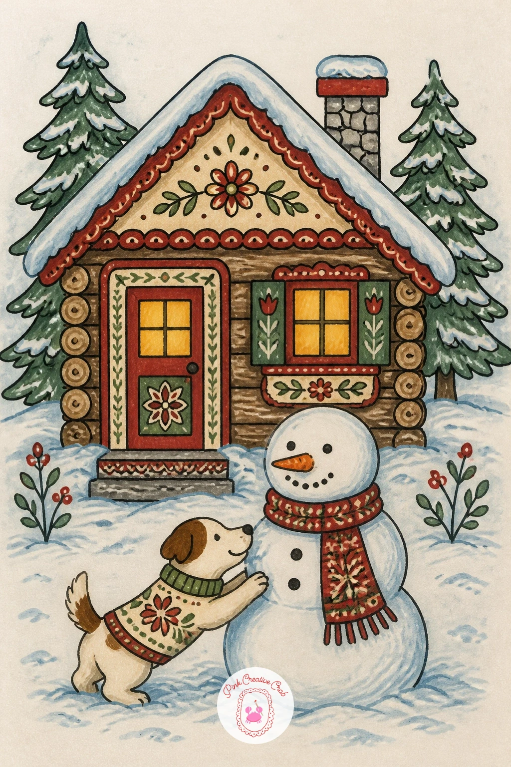 Cabin With Dog Building a Snowman — Add some real charm with a log cabin and a dog busy building a snowman out front, since a small animal doing something